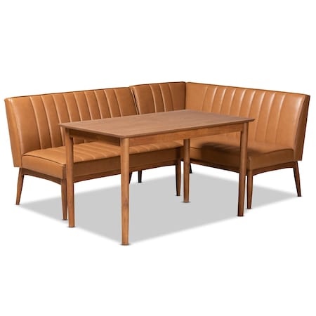 Baxton Studio Daymond Mid-Century Modern Tan Faux Leather and Walnut Brown Finished Wood 3-Piece Dining Nook Set 186-11352-9305-Zoro